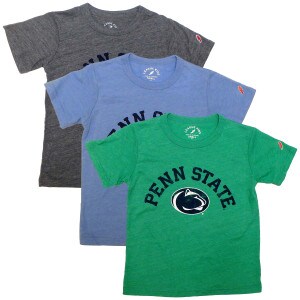 youth t-shirts kelly green, light blue, and oxford with distressed arched Penn State above Athletic Logo